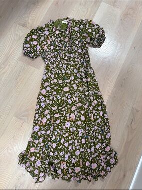 Diane Von Furstenberg Olive Green Floral Midi Dress with Pink Blooms